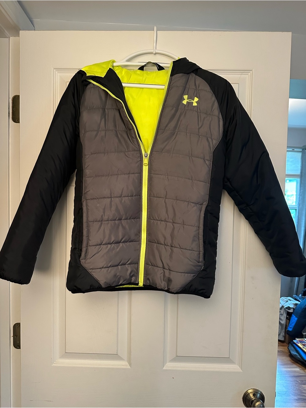 Under Armour Black & Gray Puffer Jacket with Neon Yellow Accents